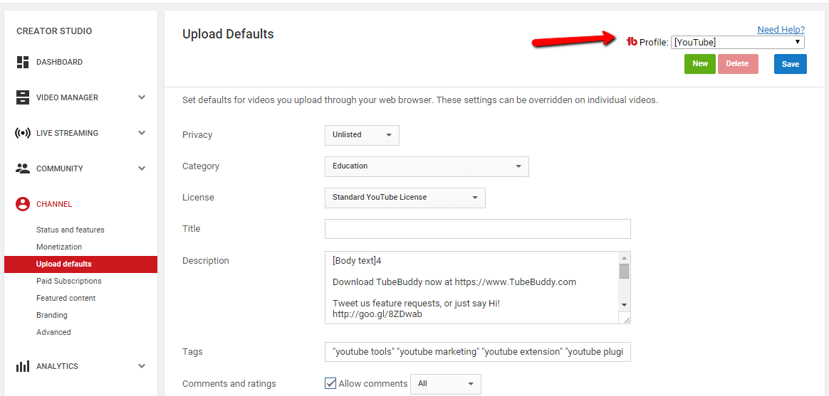 TubeBuddy Review: Default Upload Profiles