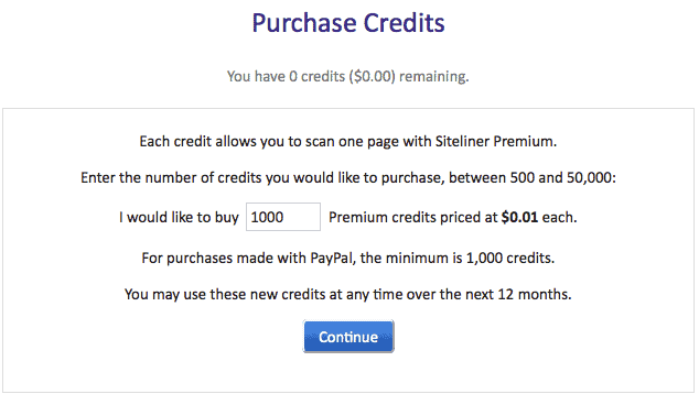 Siteliner Premium Purchase Credits