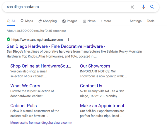 Branded Google Search for San Diego Hardware